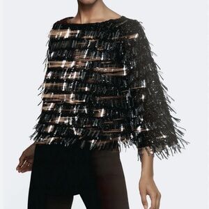 Zara Black&Silver Sequin Fringe Top